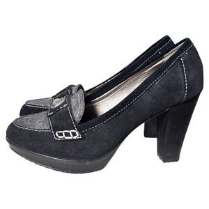 Hush Puppies Black Suede & Felt Block Heel Loafer Pumps‎ 8.5M Women's Shoes